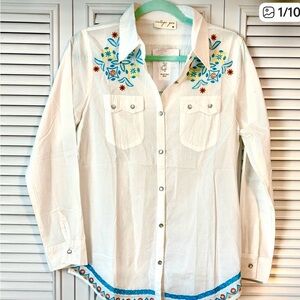 Vintage Goa Women’s White Embroidered Western Button Down Shirt NWT Medium